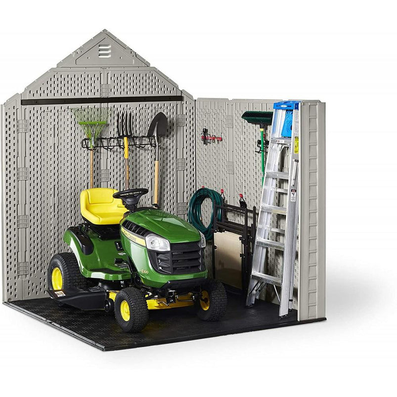 7x7 Ft Durable Weather Resistant Resin Outdoor Garden Storage Shed with Windows and Utility Hooks, Sand