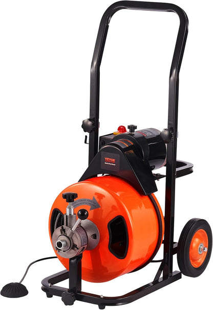 Drain Cleaner Machine 100FT x 1/2Inch, Auto Feed Sewer Snake Auger with 4 Cutter and Air-Activated Foot Switch for 1" to 4" Pipes, Orange, Black