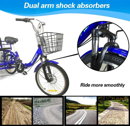 Tricycle 7 Speed, 20 Inch 3 Wheel Bikes Folding Tricycle for Adults Star Strip Blue