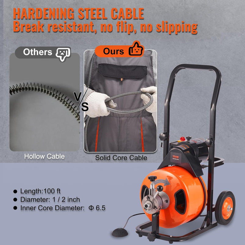 Drain Cleaner Machine 100FT x 1/2Inch, Auto Feed Sewer Snake Auger with 4 Cutter and Air-Activated Foot Switch for 1" to 4" Pipes, Orange, Black