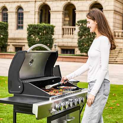 Upgraded 4 Burner BBQ Propane Gas Grill with Cast Iron Grates and Side Stove, 44, 000 BTU Stainless Steel Burner Barbecue Grill for Patio, Camping