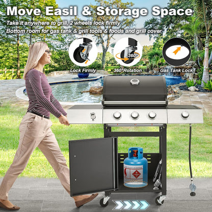 Upgraded 4 Burner BBQ Propane Gas Grill with Cast Iron Grates and Side Stove, 44, 000 BTU Stainless Steel Burner Barbecue Grill for Patio, Camping