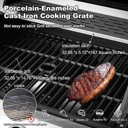 Upgraded 4 Burner BBQ Propane Gas Grill with Cast Iron Grates and Side Stove, 44, 000 BTU Stainless Steel Burner Barbecue Grill for Patio, Camping