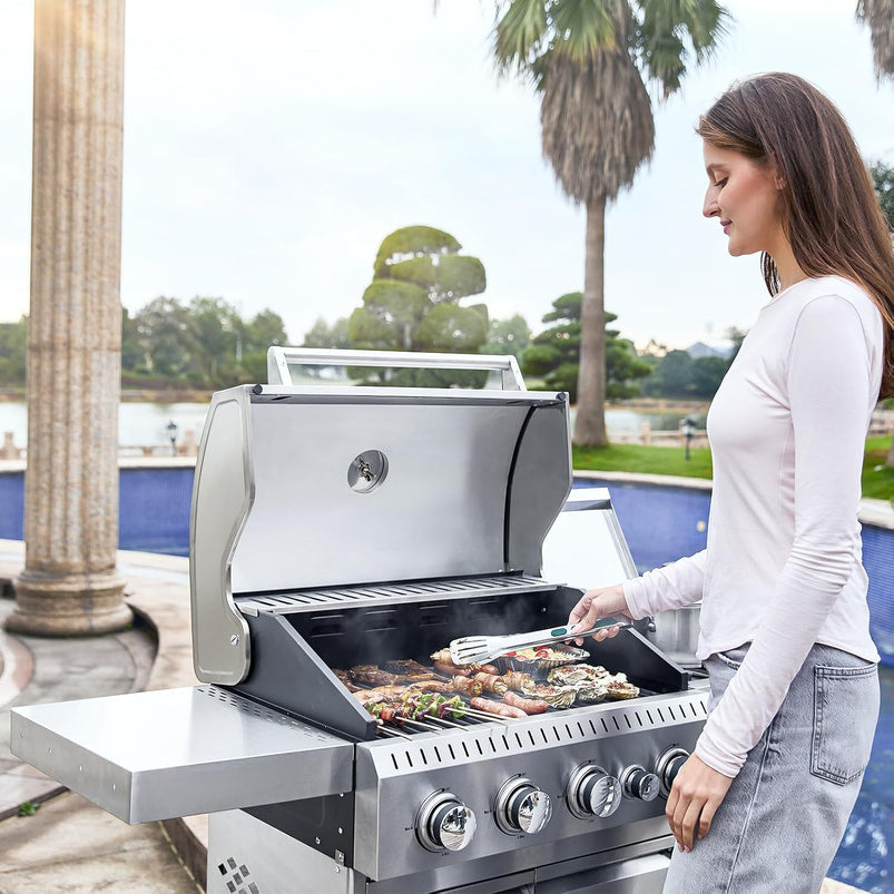 Upgraded 4 Burner BBQ Propane Gas Grill with Cast Iron Grates and Side Stove, 44, 000 BTU Stainless Steel Burner Barbecue Grill for Patio, Camping