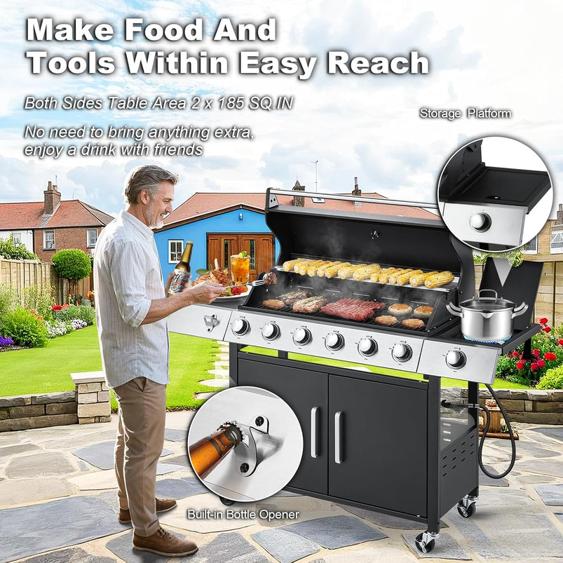 Upgraded 4 Burner BBQ Propane Gas Grill with Cast Iron Grates and Side Stove, 44, 000 BTU Stainless Steel Burner Barbecue Grill for Patio, Camping