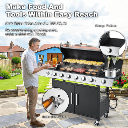 Upgraded 4 Burner BBQ Propane Gas Grill with Cast Iron Grates and Side Stove, 44, 000 BTU Stainless Steel Burner Barbecue Grill for Patio, Camping