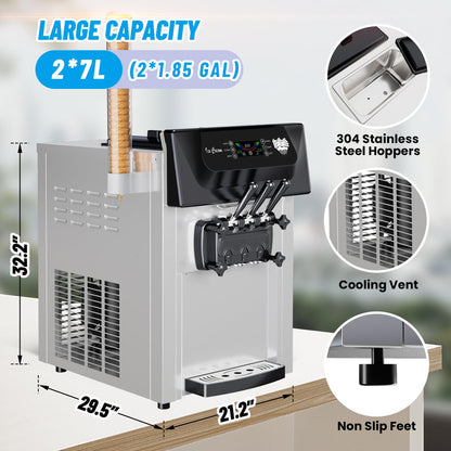 2200W Commercial 3 Flavor Soft Serve Ice Cream Machine, 5.3-7.4 Gal/Hr, with LCD Touch Screen, Automatic Cleaning, for Home Snack Bar and Restaurants
