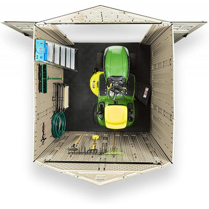 7x7 Ft Durable Weather Resistant Resin Outdoor Garden Storage Shed with Windows and Utility Hooks, Sand