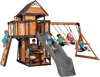 Canyon Creek Cedar Wood Swing Set with Wave Slide, Clubhouse, Play Kitchen, Picnic Area, Belt Swings, Web Swing, Rock Wall, Balconies, Playhouse