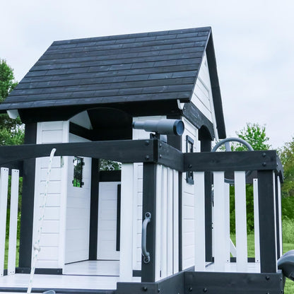 Canyon Creek Cedar Wood Swing Set with Wave Slide, Clubhouse, Play Kitchen, Picnic Area, Belt Swings, Web Swing, Rock Wall, Balconies, Playhouse