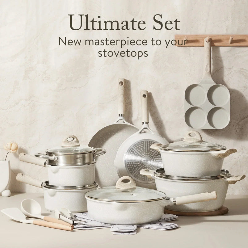 Non Stick Pots and Pans Set, 21 Pcs Induction Kitchen Cookware Sets Beige Granite