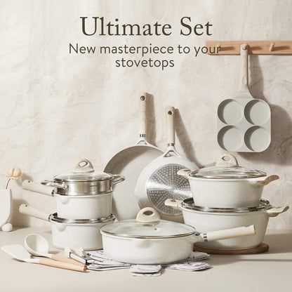 Non Stick Pots and Pans Set, 21 Pcs Induction Kitchen Cookware Sets Beige Granite