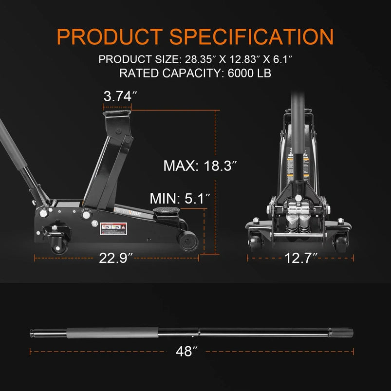 3 Ton Floor Jack Hydraulic Heavy Duty Steel Car Jack with Quick Lift Dual Pump, Black, W8303-B