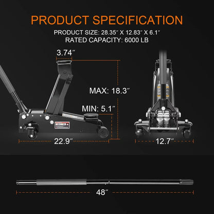 3 Ton Floor Jack Hydraulic Heavy Duty Steel Car Jack with Quick Lift Dual Pump, Black, W8303-B
