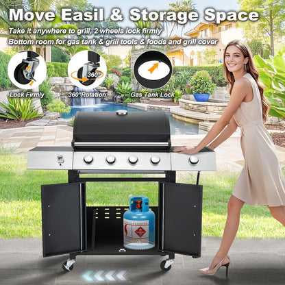 Upgraded 4 Burner BBQ Propane Gas Grill with Cast Iron Grates and Side Stove, 44, 000 BTU Stainless Steel Burner Barbecue Grill for Patio, Camping