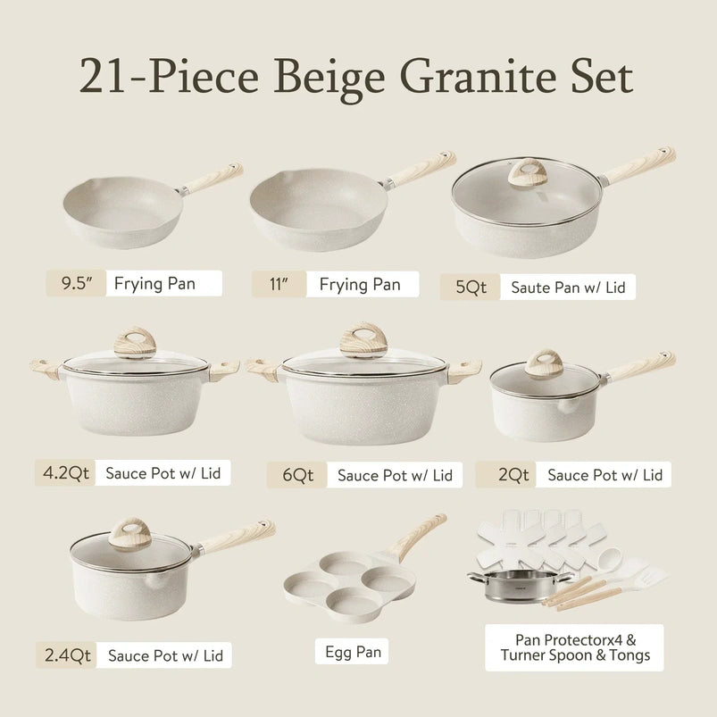 Non Stick Pots and Pans Set, 21 Pcs Induction Kitchen Cookware Sets Beige Granite
