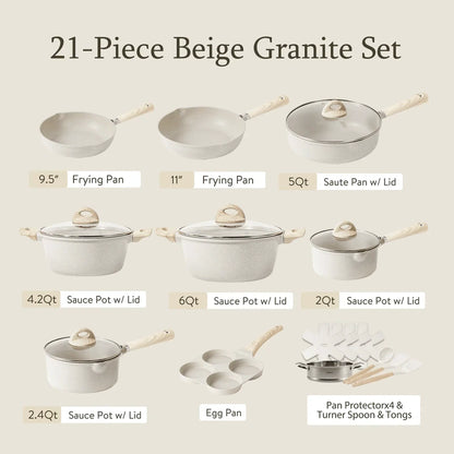 Non Stick Pots and Pans Set, 21 Pcs Induction Kitchen Cookware Sets Beige Granite