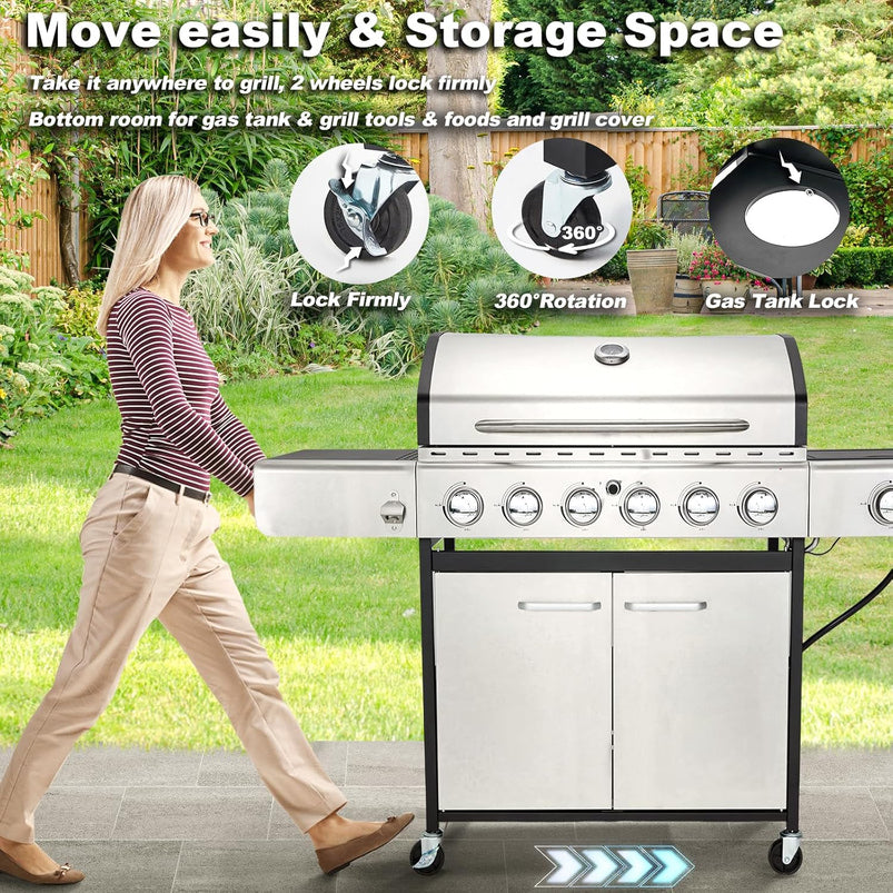 Upgraded 4 Burner BBQ Propane Gas Grill with Cast Iron Grates and Side Stove, 44, 000 BTU Stainless Steel Burner Barbecue Grill for Patio, Camping