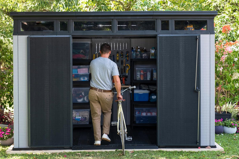 Keter Artisan 11x7 Modern Resin Outdoor Storage Shed Kit-Perfect to Store Patio Furniture, Garden Tools Bike Accessories, Beach Chairs and Lawn Mower