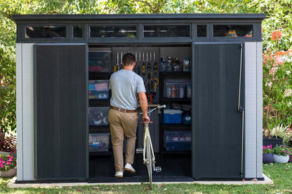 Keter Artisan 11x7 Modern Resin Outdoor Storage Shed Kit-Perfect to Store Patio Furniture, Garden Tools Bike Accessories, Beach Chairs and Lawn Mower