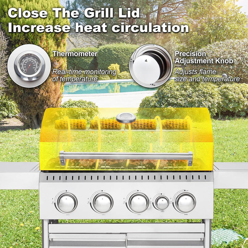 Upgraded 4 Burner BBQ Propane Gas Grill with Cast Iron Grates and Side Stove, 44, 000 BTU Stainless Steel Burner Barbecue Grill for Patio, Camping