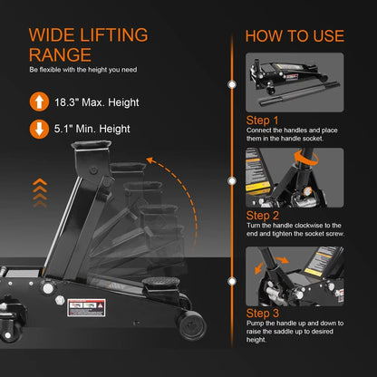 3 Ton Floor Jack Hydraulic Heavy Duty Steel Car Jack with Quick Lift Dual Pump, Black, W8303-B
