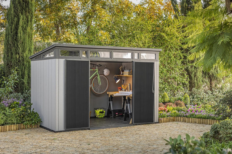 Keter Artisan 11x7 Modern Resin Outdoor Storage Shed Kit-Perfect to Store Patio Furniture, Garden Tools Bike Accessories, Beach Chairs and Lawn Mower