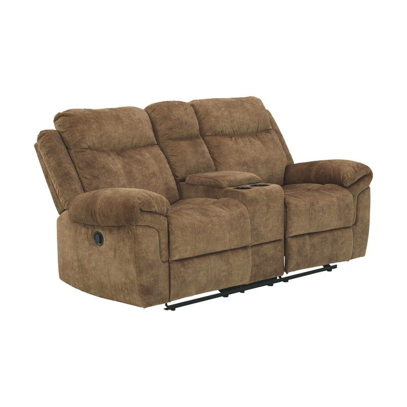 Ashley Furniture Huddle-up Reclining Loveseat, Nutmeg Brown, Velvet, Console with Storage, Cup Holders, Power and USB Ports