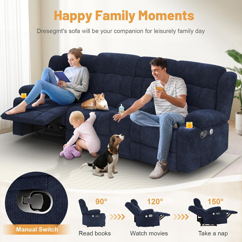 3 Seat Reclining Sofa with Storage Drawer USB Ports and Cup Holders Manual Couch