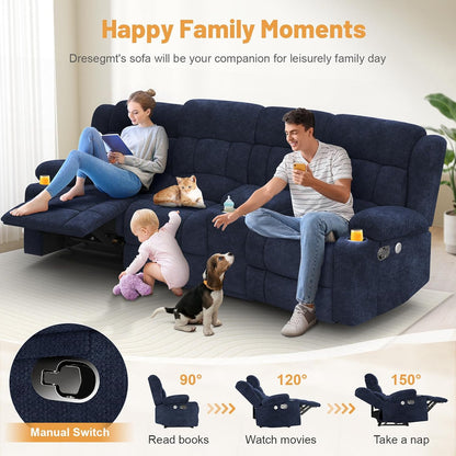 3 Seat Reclining Sofa with Storage Drawer USB Ports and Cup Holders Manual Couch