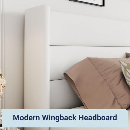 Allewie Queen Size Lift up Storage Bed, Modern Wingback Headboard, Hydraulic Support, Light Beige
