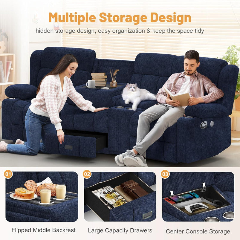 3 Seat Reclining Sofa with Storage Drawer USB Ports and Cup Holders Manual Couch