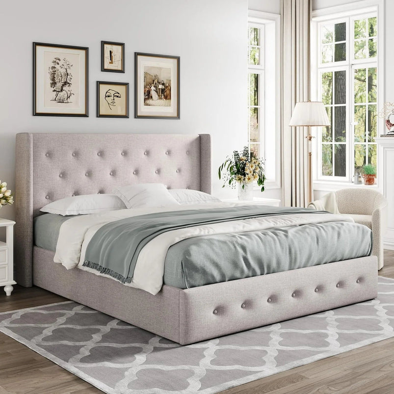 Allewie Queen Size Lift up Storage Bed, Modern Wingback Headboard, Hydraulic Support, Light Beige