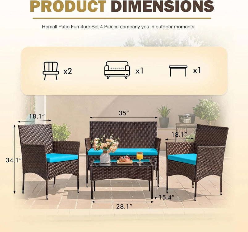 4 Pieces Patio Rattan Chair Wicker, Outdoor Indoor Use Backyard Porch Garden Poolside Balcony Furniture Sets Red