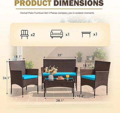 4 Pieces Patio Rattan Chair Wicker, Outdoor Indoor Use Backyard Porch Garden Poolside Balcony Furniture Sets Red
