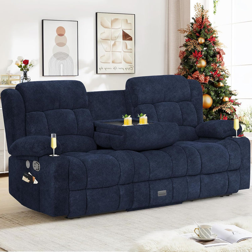 3 Seat Reclining Sofa with Storage Drawer USB Ports and Cup Holders Manual Couch