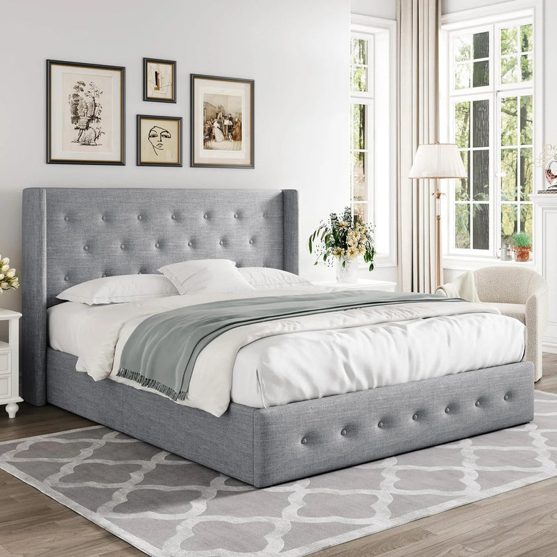 Allewie Queen Size Lift up Storage Bed, Modern Wingback Headboard, Hydraulic Support, Light Beige