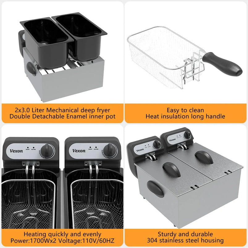 3000W Commercial Electric Deep Fryer with Baskets and Lids, 2x3L Stainless Steel Double Deep Fryer, Small Deep Fryer with Basket, Temperature Control