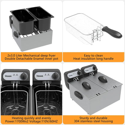 3000W Commercial Electric Deep Fryer with Baskets and Lids, 2x3L Stainless Steel Double Deep Fryer, Small Deep Fryer with Basket, Temperature Control