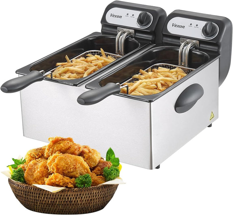 3000W Commercial Electric Deep Fryer with Baskets and Lids, 2x3L Stainless Steel Double Deep Fryer, Small Deep Fryer with Basket, Temperature Control