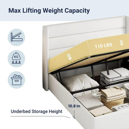 Allewie Queen Size Lift up Storage Bed, Modern Wingback Headboard, Hydraulic Support, Light Beige