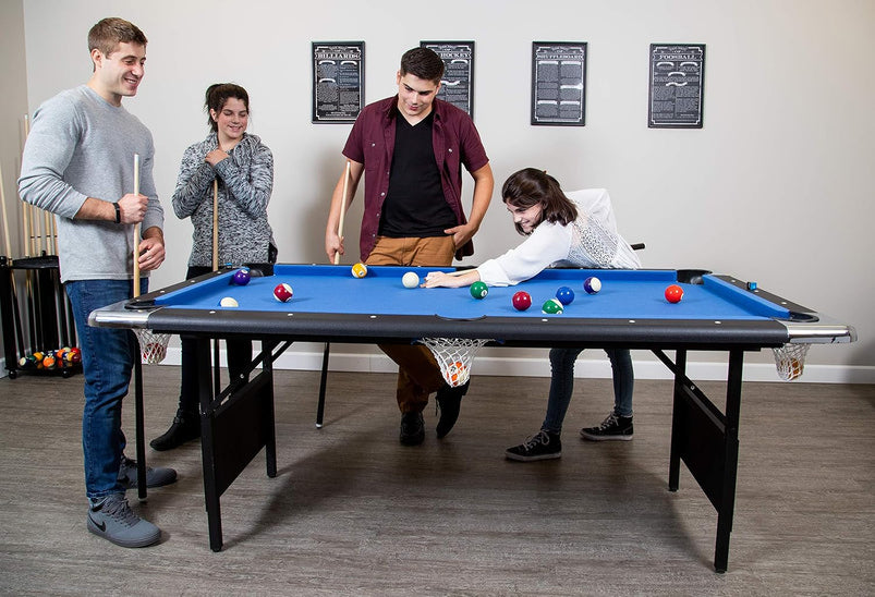 6 Ft Portable Pool Table, Adults Folding Billiards Tables for Game Room with Easy Foldable Storage, Includes Full Set of Billiard Balls, Cues