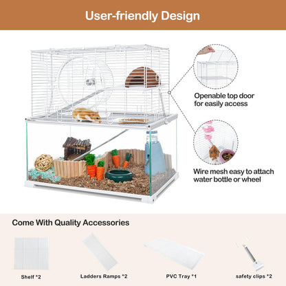 3 Tiers Large Hamster Cages, Glass Hamster Cage Habitat with Openable Wire Topper