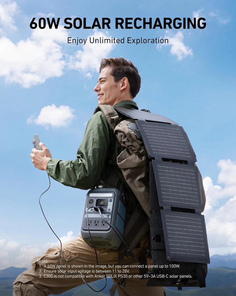 Anker Solar Generator Solix C300 with 60W Solar Panel, 288Wh Portable Power Station, 300W 600W Surge, LiFePO4 Battery, 140W Two-Way Fast Charging