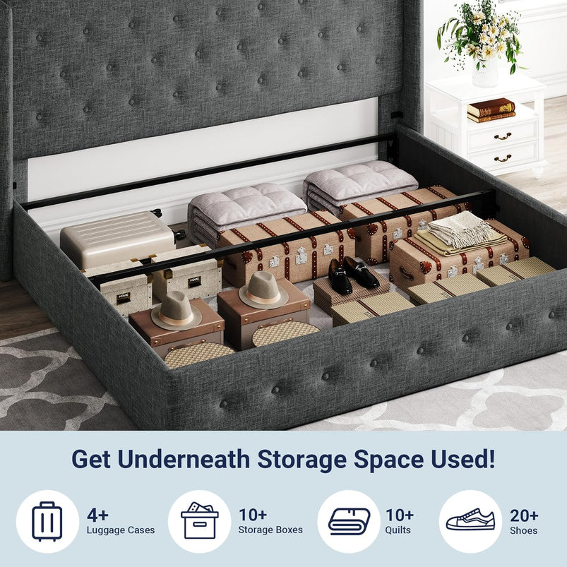 Allewie Queen Size Lift up Storage Bed, Modern Wingback Headboard, Hydraulic Support, Light Beige