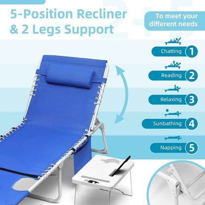 3-in-1 Outdoor Sun Tanning Lounge Chair with Face Hole 5-Position Recliner, Folding Side Table and Removable Pillow, 330lbs Capacity, Blue