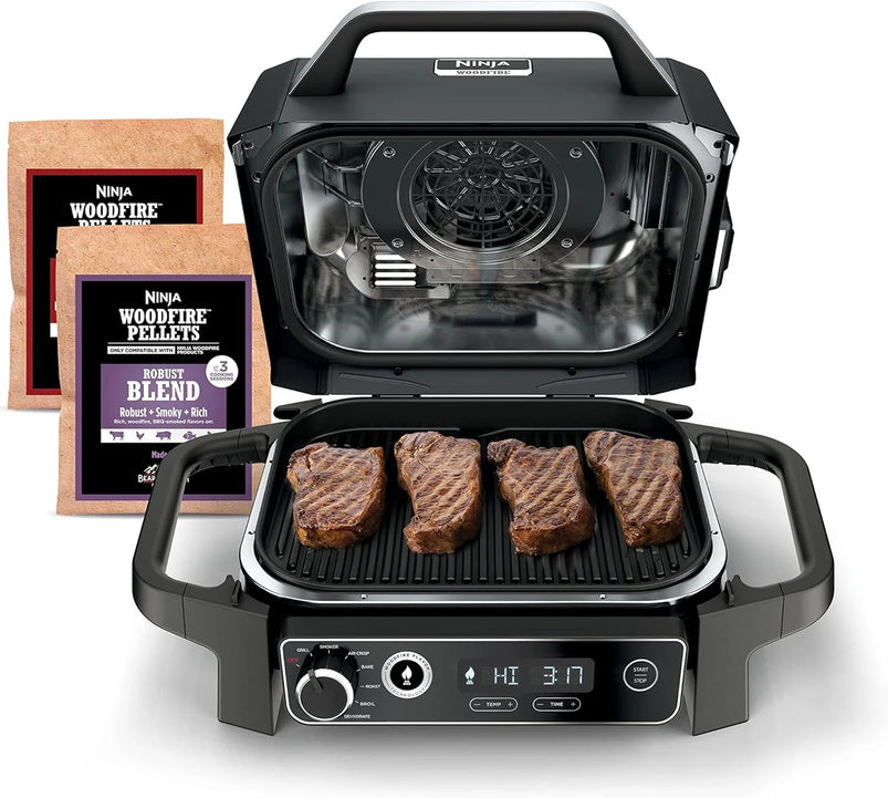 7-in-1 Grill and Smoker with Thermometer, Air Fryer, BBQ, Bake, Roast, Broil, Portable Electric Outdoor Grill, Grey