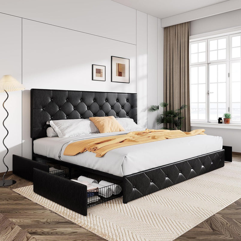 Allewie Upholstered Queen Size Platform Bed Frame with 4 Storage Drawers and Headboard, Square Stitched Button Tufted