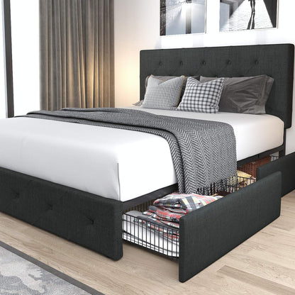 Allewie Upholstered Queen Size Platform Bed Frame with 4 Storage Drawers and Headboard, Square Stitched Button Tufted