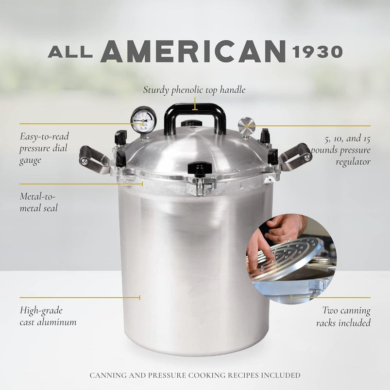 All American 1930, 21.5qt Pressure Cooker/Canner the 921, Metal to Metal Sealing System, Easy to Open and Close, Suitable for Gas, Electric